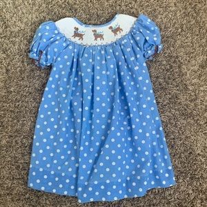 Blue with white polka dots smocked dress